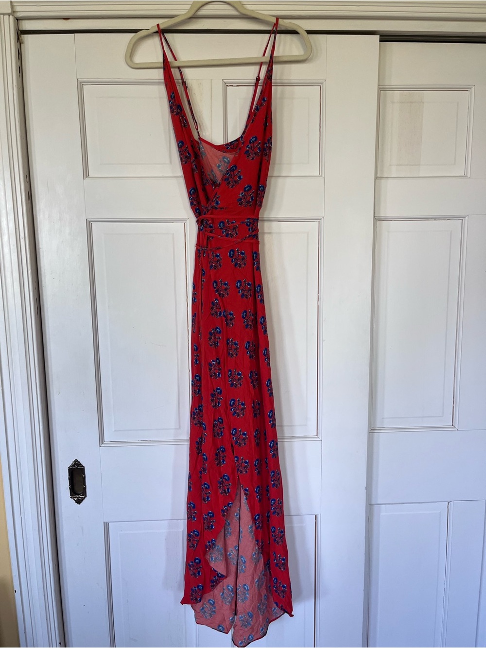 Red Floral Maxi Dress with Spaghetti Straps and Waist Tie